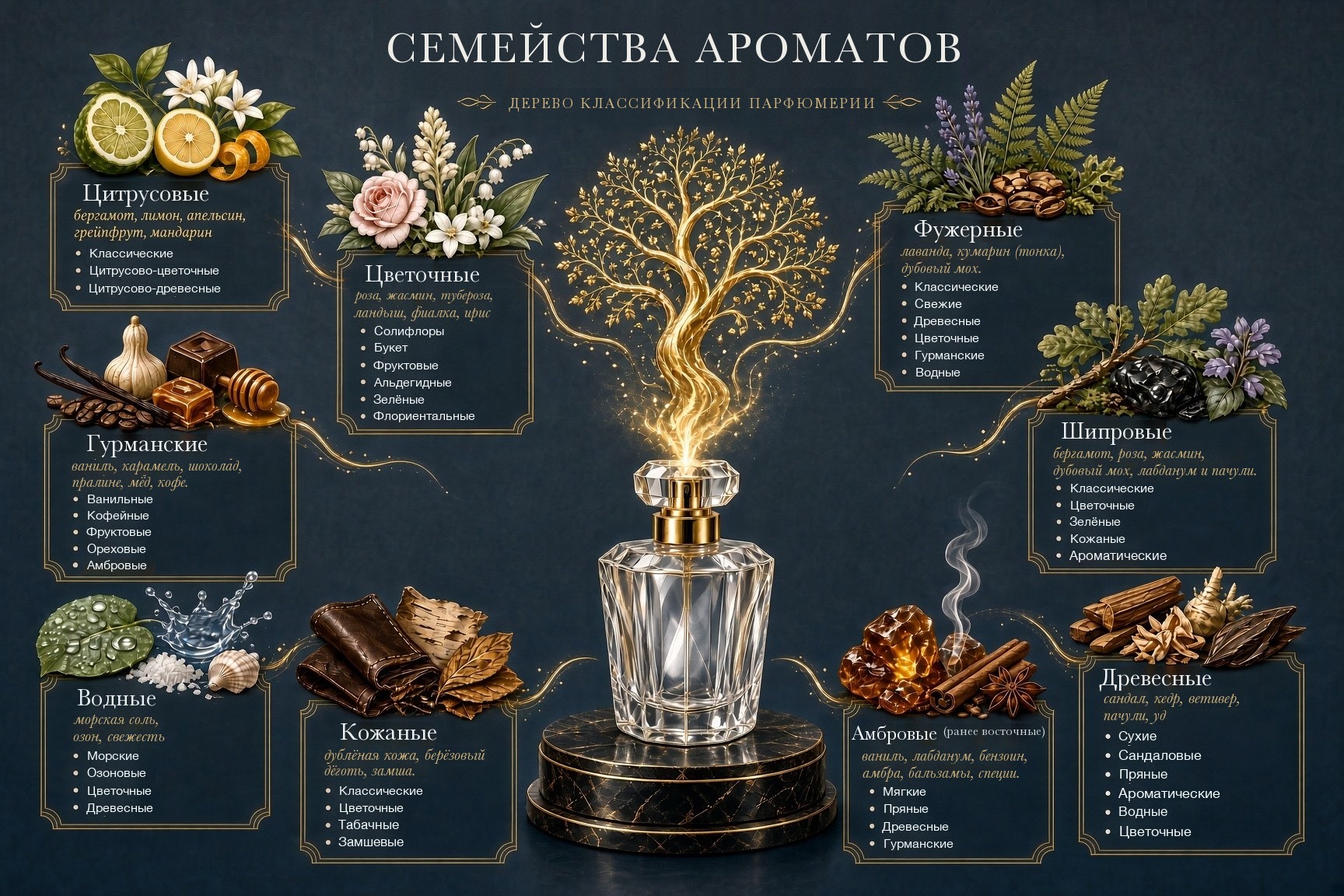 Семейства ароматов — дерево классификации парфюмерии: 9 семейств с подсемействами и основными нотами
